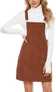 Yeokou Womens Casual Corduroy Bib Knee Length Overalls Pinafore Midi Dress Jumpsuit（Brown-L）