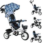 HOMCOM 6 in 1 Trike for Toddler, Baby Push Tricycle Folding Bike with Parent Handle, Reversible Seat, Storage Basket, Canopy, 5-point Safety Harness, for Kids 1-5 Years, Light Blue