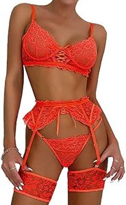 FAIRYMEI Lingerie for Women 3 Piece Lingerie Set with Garter Belt Bra and Panty Sets Sexy Lace Bodydoll Teddy Lingerie…, Orange, Medium