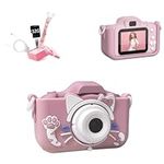 Zedify Cute Cartoon Kids Digital Camera, 20MP, 2.0" IPS Screen, High-Resolution, Durable Silicone Case, Charging Cable, Strap, 32GB TF Card, Card Reader (Pink Cat)