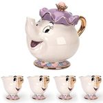 GZHaiTuoSi Cartoon New Beauty And The Beast Teapot Mug Mrs Potts Chip Tea Pot Cup One Set Lovely & One Teapot and Four Chip Mug, Tea Party Set Gifts for Anyone and Home Decoration