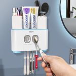 Toothbrush Holder Wall Mounted, WEKITY Multi-Functional Toothbrush and Toothpaste Dispenser for Bathroom, with 5 Toothbrush Slots, 2 Toothpaste Squeezers and 4 Cups(Blue)