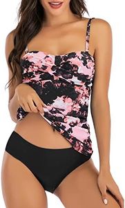 Shuangyu Two Piece Bandeau Tankini Swimsuits for Women Tummy Control Bathing Suits Twist Front Tankini Top with Swim Shorts Powder Black Flowers XXL
