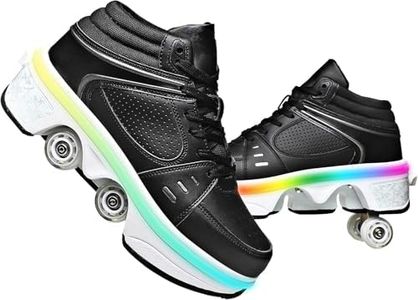 Double-Row Deform Wheel Automatic Walking Shoes Invisible Deformation Roller Skate 2 in 1 Removable Pulley Skates Skating Parkour (Black with Light, US 10.5)