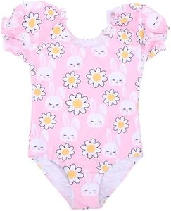 LIZENS Girls' One-Piece Swimwear Adorable Bunny Rabbit Puff Sleeve Tropical Floral Girls Bathing Suit(BL110,3-4T) Pink