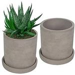 BELLE VOUS 2 Pcs 10CM Plant Pots Indoor with Drain Hole - Cement Succulent Planter Pots Indoor - Cactus Plant Pot - Small Plant Pot with Removeable Saucer for Homes, Gift, Offices & Windows