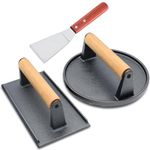 Smash Burger Press, Heavy-Duty Cast Iron Meat Press Hamburger Press with Heat Resistant Wooden Handle Hamburger Patty Maker Grill Bacon Sandwich Press Kit, 7" Round & 8.2"X4.3" Rectangle