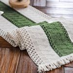 Alynsehom Macrame Table Runner Cream Beige and Green Boho Table Runner with Tassels Hand Woven Cotton Table Runner Rustic Farmhouse Table Runner for Bohemian Kitchen Dining Table(12x71in)