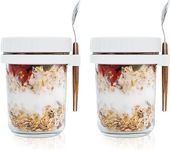 Ash & Roh Overnight Oats Containers with Lids and Spoons 350 ml Glass Mason Jars for Overnight Oats Leak Proof Oatmeal Container Great for Cereal Fruit Vegetable Milk Salad Yogurt (White 2)