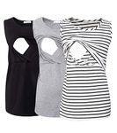 Smallshow Women's Sleeveless Maternity Nursing Clothes Breastfeeding Tank Tops 3-Pack Black-Light Grey-White Stripe M