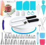 RFAQK 130 PCs Cake Decorating Kit Supplies with Cake Turntable-Cake leveler-24 Numbered Piping Tips with Pattern Chart & EBook- Straight & Offset Spatula-50 Piping Bags-3 Scraper Set-40 Cupcake Liners