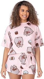 Pusheen Pijama de Mujer The Cat | Camiseta Recortada para Mujeres Adultas con Pantalones Cortos pjs | Pastel Pink Cartoon Cat Eating Sushi | Mercancía de Personajes