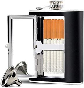 Kitwinney Stainless Steel Flask, Leak-proof Pocket Hidden Flask with Built-in Cigarette Case and Leather Wrapped Cover, Black Hip Flask and Mini Funnel Set for Liquor for Men and Women