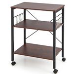 GiantexUK Kitchen Baker's Rack, 3 Tier Serving Cart Microwave Stand with Lockable Wheels & 5/10 Hooks, Rolling Storage Trolley for Home Office Living Room (Sandy Brown, 2 Adjustable Shelves)