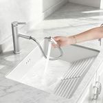 Undermount Bathroom Sink with Washboard, 21.9 x 18.1 Inch White Porcelain Ceramic Vessel Sink with Overflow, Pull-Out Faucet & Drain Kit, Under Counter Lavatory Vanity Sinks for Bathroom, Laundry Room