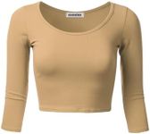 SSOULM Women's 3/4 Sleeve Scoop Neck Cotton Slim Fit Crop Top (S-2XL), Stt009_khaki, Medium Short