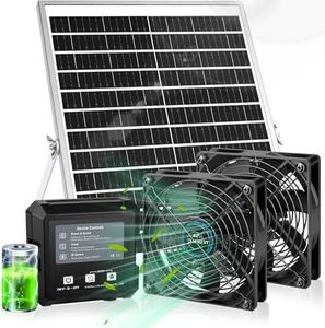 Solar-Powered Exhaust Fan with Battery & Smart Sensing – 25W Solar Panel, 2 * 4.7" Fans, 3 Modes, IP65 Waterproof | Ideal for Chicken Coop, Dog House, Shed, Greenhouse, Outside