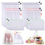 Kuber Industries Mesh Storage Bag | Reusable Mesh Bags | Carry Bags for Fruits-Vegetables-Toys-Groceries | 4 Small-4 Medium-4 Large Travel Storage Bags | 12 Piece Set | White