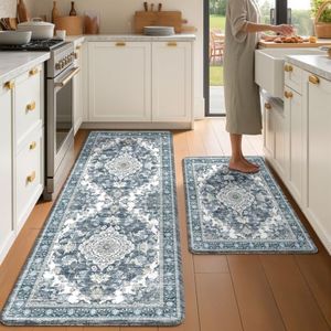 tubeamin Boho Kitchen Mats for Floor 2 Piece Set Anti Fatigue Cushioned PVC Kitchen Rugs Non Slip Waterproof Farmhouse Mats 2/5 Inch Comfort Standing Mat for Sink, Laundry, 24"x39"+24"x59",D5