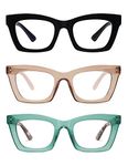 3 Pack Trendy Oversized Blue Light Stylish Readers for Women,Retro Square Cute Sturdy Computer Womens Reading Glasses AM6042 BLACK/TORTOISE/GREEN 1.5