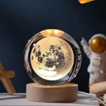 3D Moon Crystal Orb Night Lamp - Engraved Galaxy LED Table Light with USB Wooden Base, Perfect for Home Office Décor and Unique Birthday Gift for Adults Multicolor (Moon)