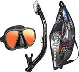 TUSA Sport Adult Powerview Mask and Dry Snorkel Combo, Black/Black Mirrored Lens (w/Reusable Bag) (UC-2425PMQB-BKB)