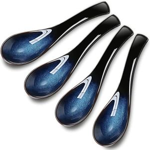 4 Pieces Japanese and Korean Ceramic Soup Spoons Set Long Handle Spoons Retro Blue Ramen Bowl Soup Spoon Suitable for Soup, Gravy, Cake, Oatmeal, Dumplings