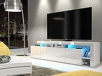 Furneo White TV Stand 186cm Unit Matt & High Gloss Indisio01 Blue LED Lights