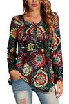 Enmain Women's Long Sleeve Tunic Tops Plus Size Casual Ladies Tunic Tops Small V Neck Button Up Tunic Tops T Shirt Blouse Swing Top,Black Flower,M