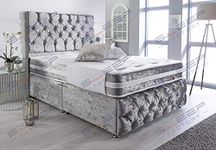 Sleep Factory's Silver Crushed Velvet Chesterfield Divan Bed Set, Mattress & Headboard (6.0FT (Super King))