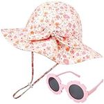 Baby Girls Sun Hat Baby Toddler Sun Protection Hat UPF 50+ Adjustable Kids Wide Brim Summer Beach Hat Cap with Baby Flower Sunglasses for Baby Girls Kids,18M-4Y,Pink