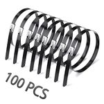 Helunsi 100 Pcs Metal Zip Ties 11.8 Inches Stainless Steel Cable Ties, Heavy Duty Self Locking Multi-Purpose, Suitable for Fixed Indoor Outdoor Exhaust Wrap Farms Pipes Cables and Fence - Black 11.8"