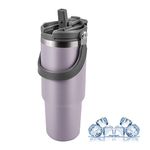 30oz Travel Tumbler with Straw Lid and Handle, 900ml Stainless Steel Travel Mug Double Wall Vacuum Insulated Coffee Mug, Modern Leak Proof Water Bottle for Coffee, Water, Tea, Hot Cold Drinks(Purple)