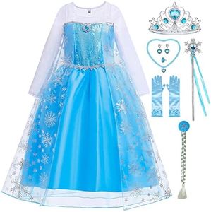 Snyemio Disfraz Princesa Elsa para Niñas Vestido Azul Reina de Nieve Vestir Niña Traje Cosplay Carnaval