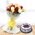 The FloralMart Fresh Flower Bouquet of 15 Mixed Roses with Birthday Special Black Forest Cake | Fresh Baked Cakes for Birthday, Anniversary & any Occasion (Cake (Standard))