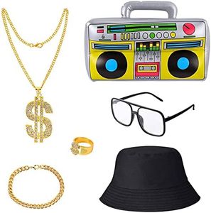 TSHAOUN 6 piezas Kit de Disfraces de Hip Hop Rapero Accesorios,Sombrero del Cubo Collar de Cadena de Boom Box Inflable Party Favors Decoración de Fiesta,90's 80's Rapero Accesorios (6 Pcs)
