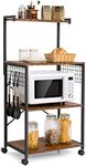 Giantex 4-Tier Kitchen Baker’s Rack on Wheels, Industrial Rolling Microwave Stand w/Metal Frame, 3 Hooks & 4 Universal Wheels, Freestanding Kitchen Utility Storage Shelf, Rustic Brown