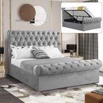 Upholstered Gas Lift Up Bed Frame With Storage, Ottoman Storage Bed, Velvet Double Bed Frame, Ottoman Storage Bed With Wooden Slats, (4ft6 Grey Double Bed Frame 135 x 190, No Mattress)