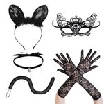 5PCS Black Cat Costume- Lace Cat Ears and Tail, Sexy Gloves Choker Necklace and Mask, Sexy Cat Halloween Accessories Women Halloween Costumes for Women Sexy