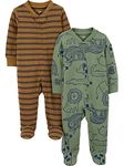 Simple Joys by Carter's Baby Boys' 2-Way Zip Thermal Footed Sleep and Play, Pack of 2, Olive, Safari/Stripes, 3-6 Months