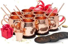 [Gift Set] Mule Science Moscow Mule Mugs Set of 8 (16oz) | Solid Barrel 100% Copper Mugs Set w/ 8 Straws, 8 Coasters & 1 Shot Glass | Handcrafted Tarnish-Resistant Food Grade Lacquer Coat