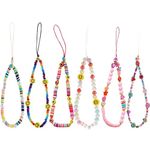 6 Pcs Beaded Phone Charms, Handmade Acrylic Clay Beads Key Chain, Phone Lanyard, Anti-Lost Phone Chain, Rainbow Smiling Face Flower Fruit Star for Women Girls