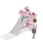 67i Toddler Slide for Kids Indoor Slide for Toddlers 1-3 Slide for Toddler Indoor Outdoor Slide Baby Slide Plastic Slide Toddler Playground Outdoor Slide Playset with Basketball Hoop Ring (Pink)