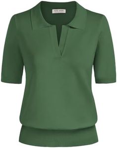 Kate Kasin Women Short Sleeve Polo Sweater Tops Lightweight Summer V Neck Soft Knit Pullover Shirt Army Green S