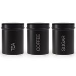 EHC Set of 3 Airtight Tea, Coffee, and Sugar Canisters, Set of 3 Airtight Food Storage Easy to Open Storage Canisters Jars Tin, Black, 9 x 12.5 cm