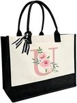 Personalized Initial Canvas Beach Bag, Canvas Tote Bag with Inner Zipper Pocket, Double Shoulder Straps Monogrammed Jute Bag for Daily Work Travel, Pink Letter U, One Size