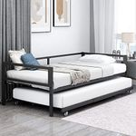 DUMEE Metal Daybed Frame with Trundle, Multifunctional Mattress Foundation/Twin Day Bed Sofa with Headboard, Easy Roll in-Out Trundle Bed (Twin, Black)