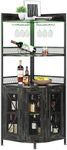 GraveeHome Industrial Corner Bar Cabinet with Power Outlet, 5-Tiers Wine Cabinet with LED Strip and Glass Holder, Multifunctional Liquor Cabinet for Home Bar, Corner Display Storage Cabinet for Home