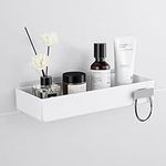 YOHOM White Adhesive Bathroom Caddy Organizer for Tile Wall Mounted Stick on Shower Caddy Floating Shelf Plastic Shampoo Holder with Hook