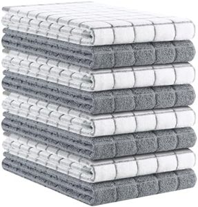 Kitinjoy Premium Kitchen Towels (16"x 28", 8 Pack), Large 100% Cotton Terry 390 GSM Kitchen Hand Towels, Ultra Absorbent Check Design Tea Towels Set with Hanging Loop, Grey